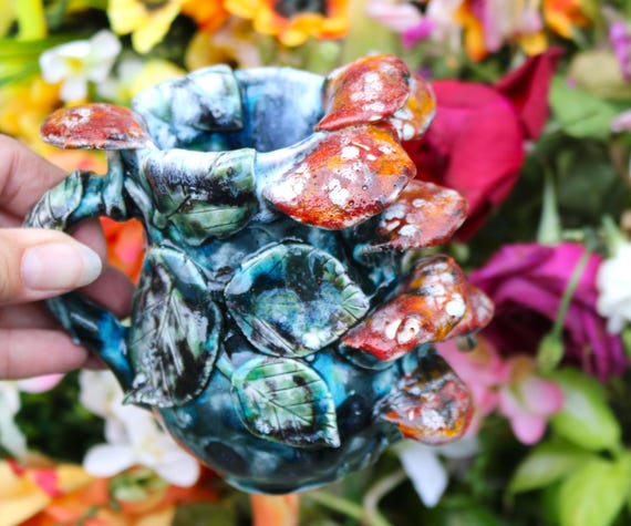 Handmade Mushroom Mug: Sculpted Toadstools, Drippy Blue Glaze