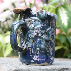 Choice of three hand made small mugs with drippy blue and green glaze and hand sculpted vines, drippy glaze mug, small blue mug, ceramic mug
