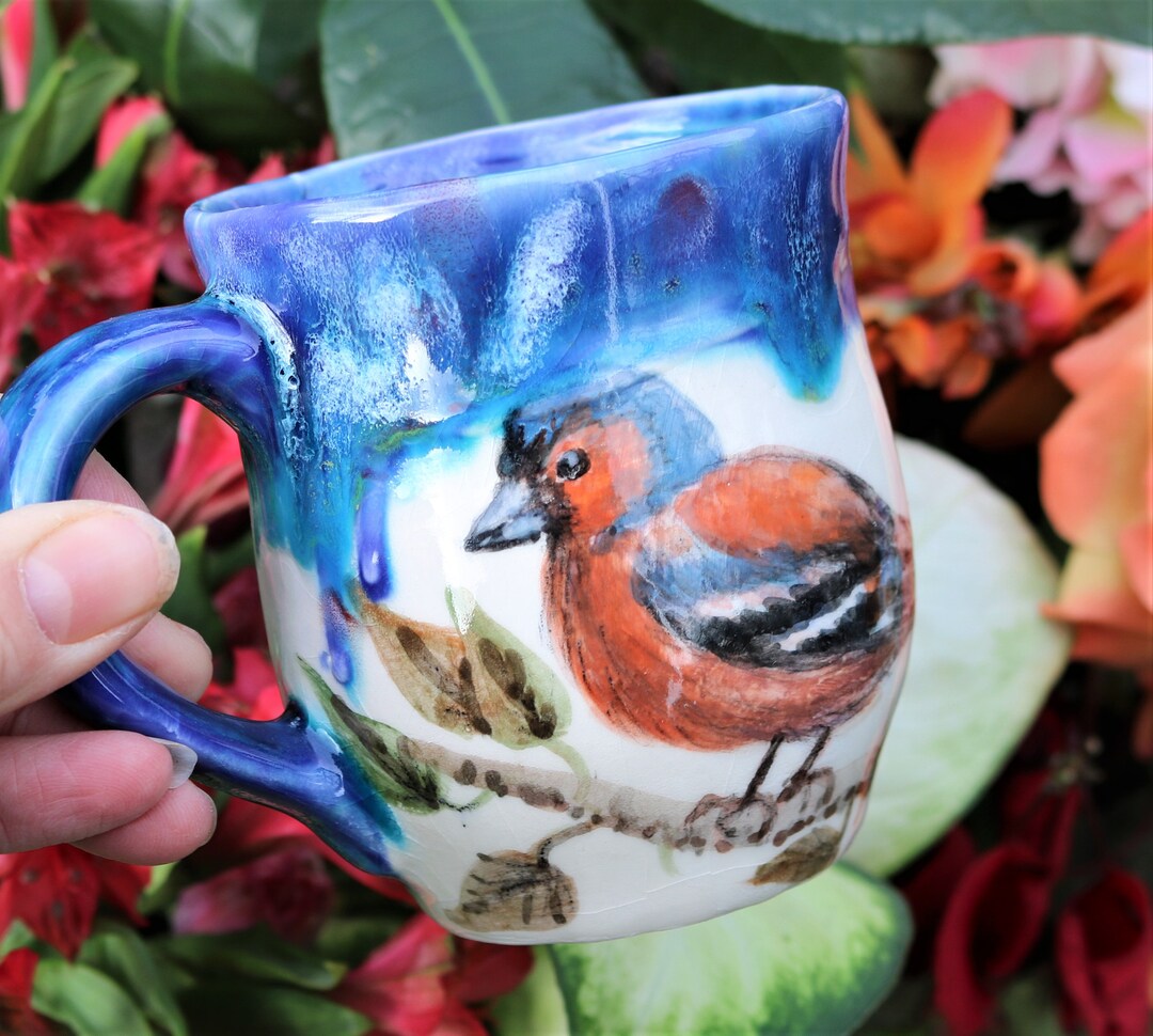 Hand Painted Gold Finch Mug With Hand Sculpted Ceramic Leaves and