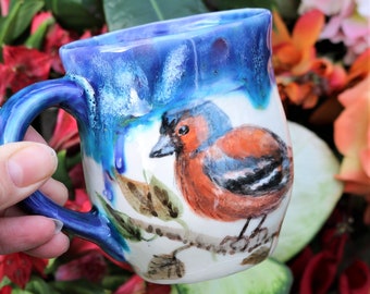 Hand painted gold finch mug with hand sculpted ceramic leaves and drippy blue glaze, bird mug, chaffinch mug, watercolour bird mug, bird art