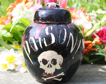 Hand made skull vase with lid, poison vase, poison bottle, poison jar, gothic jar, pirate vase, gift for goth, black vase, black container