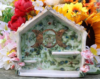 Handmade Ceramic Altar Shrine: 24kt Gold Triple Moons, Moon Goddess Decor