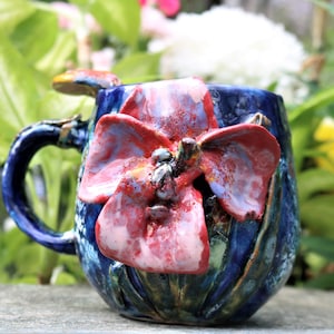Hand sculpted iris flower mug, Monet, iris mug, flower mug, present for gardener, botanical gift, 9th anniversary present, gift of flowers