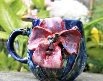 Hand sculpted iris flower mug, Monet, iris mug, flower mug, present for gardener, botanical gift, 9th anniversary present, gift of flowers