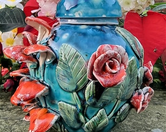 Large blue ceramic jar with hand sculpted roses mushrooms and leaves, gardening gift, nature gift, blue vase, hand made vase, mushroom vase