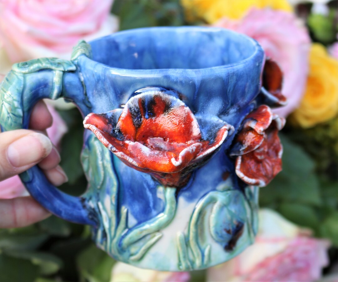 Hand Sculpted Poppy Mug With Hand Painted Poppies, Art Mug, Poppy Mug