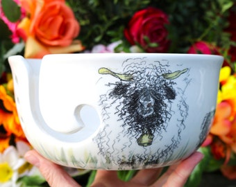 Hand painted larger yarn bowl with hand sketched sheep design, yarn bowl, black nose valais sheep, wool bowl, knitting bowl, knitting gift