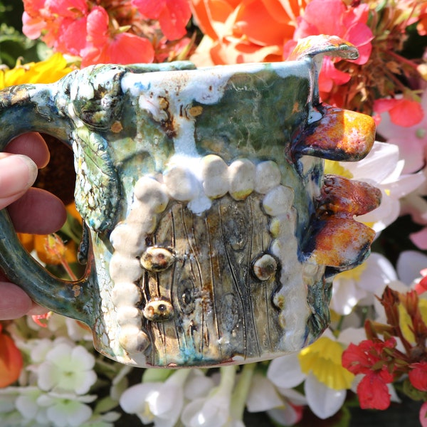 Hand made ceramic fairy door mug with mushrooms, mushroom mug, fairy door mug, faerie door mug, fantasy mug, toadstool mug, fairycore, art