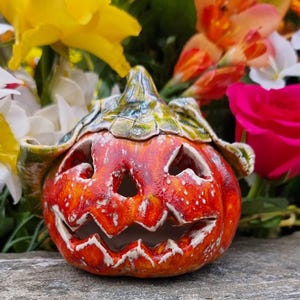 Small Handmade Ceramic Halloween Pumpkin with a hand carved scary face, pumpkin decoration, dia de los muertos, pumpkin ornament, Halloween