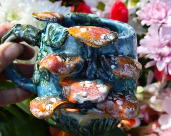 Handmade Blue Ceramic Mushroom Mug: Wabi Sabi Decor
