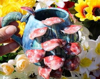 Handmade Blue Mushroom Mug: Sculpted Toadstools, Drippy Glaze