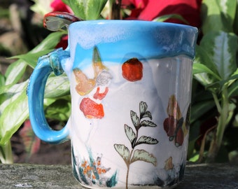 Hand made fairy mug with 22kt gold lustre and hand painted butterflies and fairies, fantasy mug, fairy mug, butterfly mug, cottagecore, moth