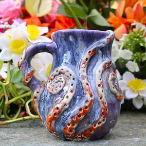 Handmade Kraken Mug: Blue & Orange Tentacle Sculpture