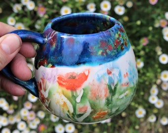 Hand made hand painted mug with wild flowers, wild flower mug, bee bomb mug, flower mug, hand painted mug, flower present, pretty flower mug