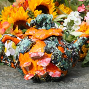 SALE! SECOND! Hand sculpted pumpkin teapot with mushrooms and cracked lid, pumpkin teapot, fantasy teapot, fairy teapot, decorative teapot