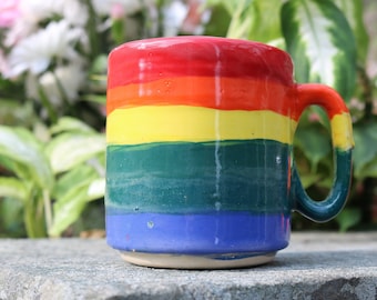 Hand made small ceramic mug with rainbow stripe glaze, hand painted mug, rainbow mug, LGBTQ mug, rainbow flag mug, colourful mug, stripy mug