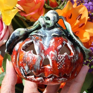 Hand Sculpted Ceramic Halloween Pumpkin: Scary Gothic Decor