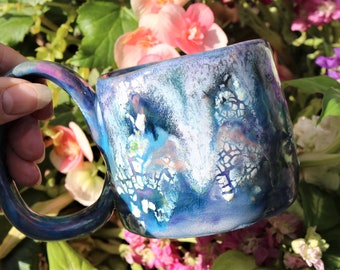 Blue pink and purple hand made ceramic mug with an ombre glaze, ceramic art, tea cup, coffee mug, wonky mug, organic, nature inspired, art