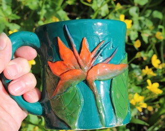 Hand made strelitzia bird of paradise mug with hand painted sculpted flowers, strelitzia mug, bird of paradise mug, ceramic bird of paradise