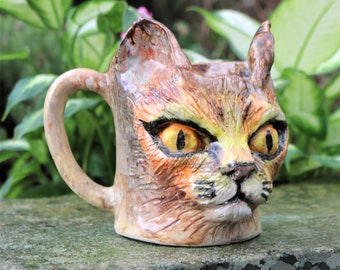 Lopsided cat mug with hand sculpted hand painted cat face, cat mug, cat sculpture, cat art, kitten, present for cat lover, crazy cat lady
