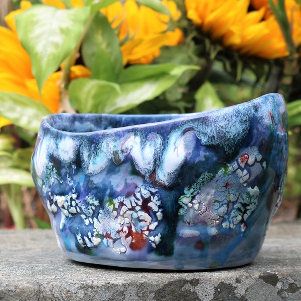 Choice of two wonky wobbly misshapen blue and white ceramic bowls, small pots, little planters, decorative, rockpool interior, wonky pots