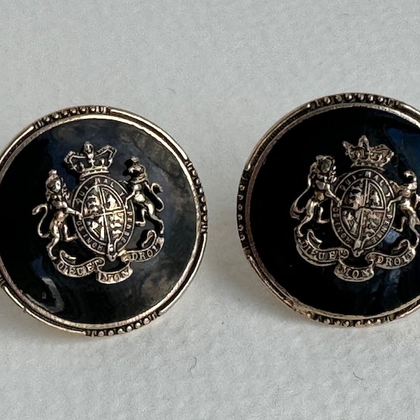 Vintage UK Royal Coat of Arms Black Enamel Gold-tone Screw Back Earrings