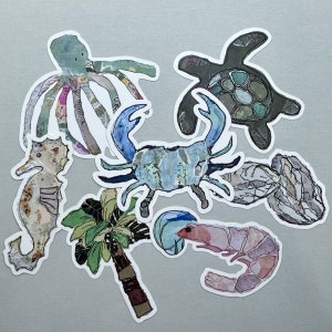Coastal Collage Themed Sticker 7-Pack, Vinyl Decals, Die Cut Stickers image 1