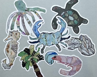 Coastal Collage Themed Sticker 7-Pack, Vinyl Decals, Die Cut Stickers