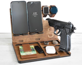 Wooden Docking Station for 2 Phones and Pistol, Gun Docking, Police officer Docking Station, Nightstand Docking Station, Father's Day Gift
