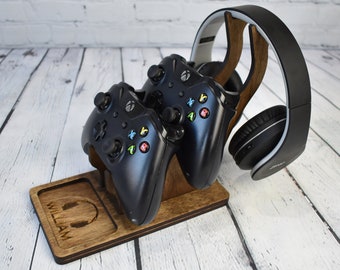Auriculares de madera y soporte del controlador, soporte para controladores y auriculares, auriculares y soporte para controlador de juegos, regalo de Navidad para jugadores