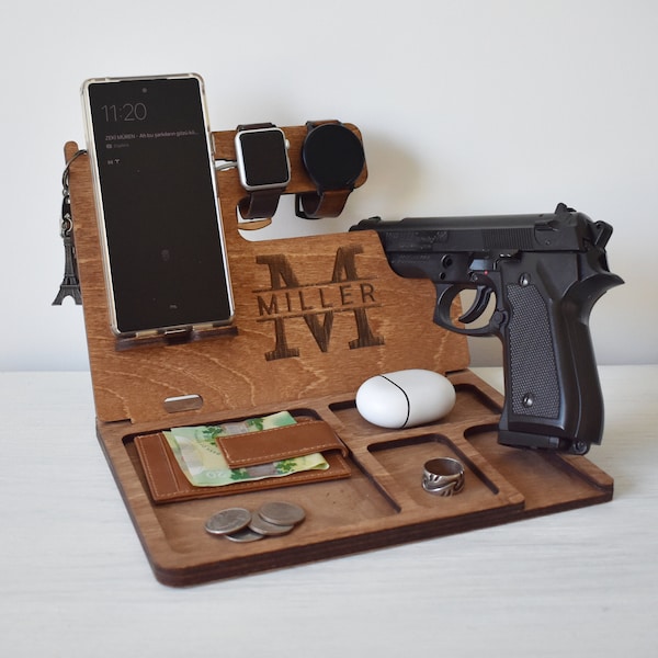 Wooden Docking Station, Police officer Station, Wood Stand for gun, Law enforcement Gift for men, Nightstand with gun holder, Tech Gift