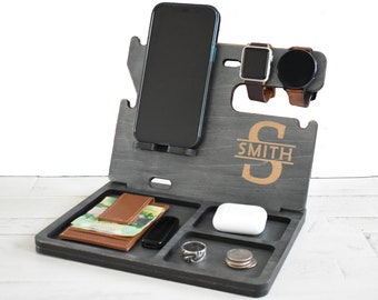Christmas Gift, Father's Day Gift, Personalized Docking Station, Nightstand Valet, Wooden Phone Stand, iPhone charging station, Gift for Him