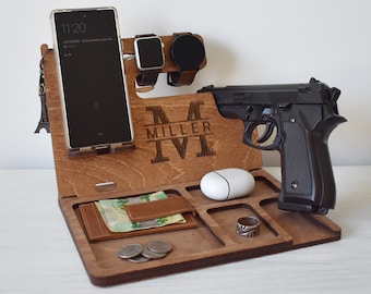 Wooden Docking Station, Police officer Station, Wood Stand for gun, Law enforcement Gift for men, Nightstand with gun holder, Tech Gift