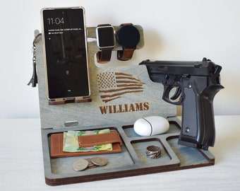 Wooden Docking Station, Police officer Station, Wood Stand for gun, Law enforcement Gift, Nightstand with gun holder, Tech Gift, XMas Gift