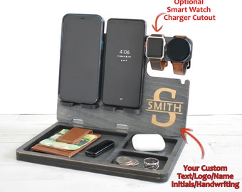Wooden Docking Station for 2 Phones, Nightstand Docking Station, Unique holiday gift, Wood docking station, Gift for Men, Christmas Gift