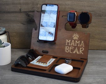 Mother's Day Gift, Personalized Docking Station, Nightstand Valet, Wooden Phone Stand, iPhone charging station, Gift for Her, Gift for Moms