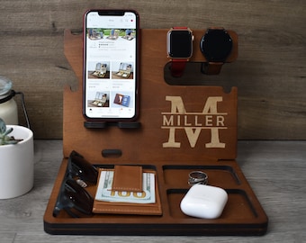 Wooden Docking Station, Nightstand Valet, Wooden Phone Stand, iPhone charging station, Mens Gift, Tech Gifts, Groomsman gift, Watch stand