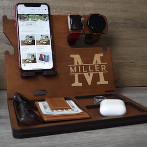 Fathers Day Gift, Personalized Docking Station, Nightstand Valet, Wooden Phone Stand, iPhone charging station, Mens Gift, Tech Gifts