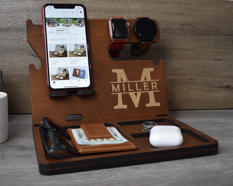 Fathers Day Gift, Personalized Docking Station, Nightstand Valet, Wooden Phone Stand, iPhone charging station, Mens Gift, Tech Gifts 