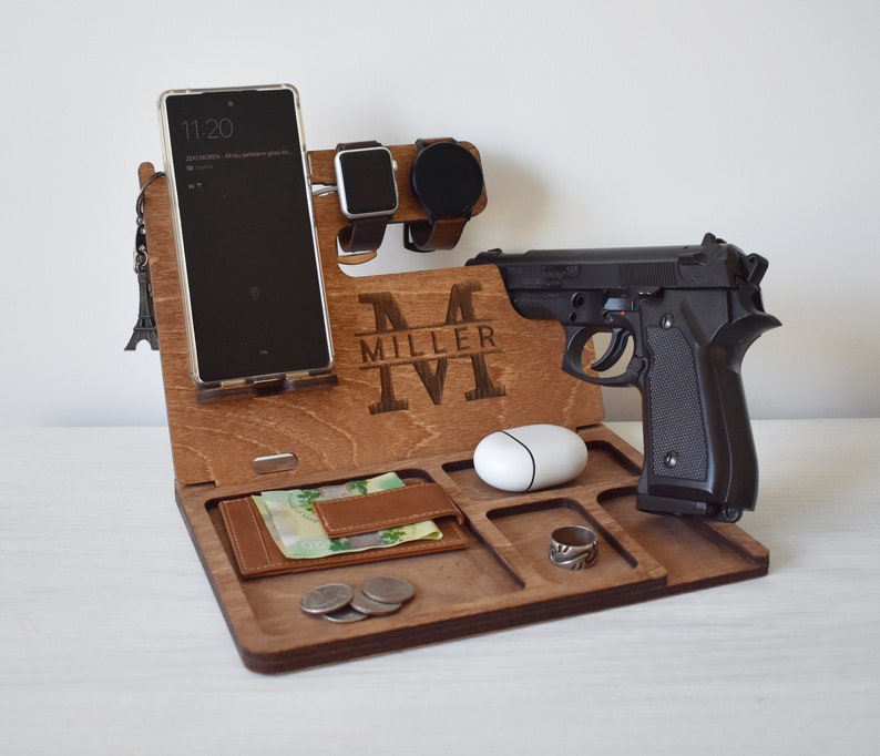 Wooden Docking Station, Police officer Station, Wood Stand for gun, Law enforcement Gift for men, Nightstand with gun holder, Tech Gift 