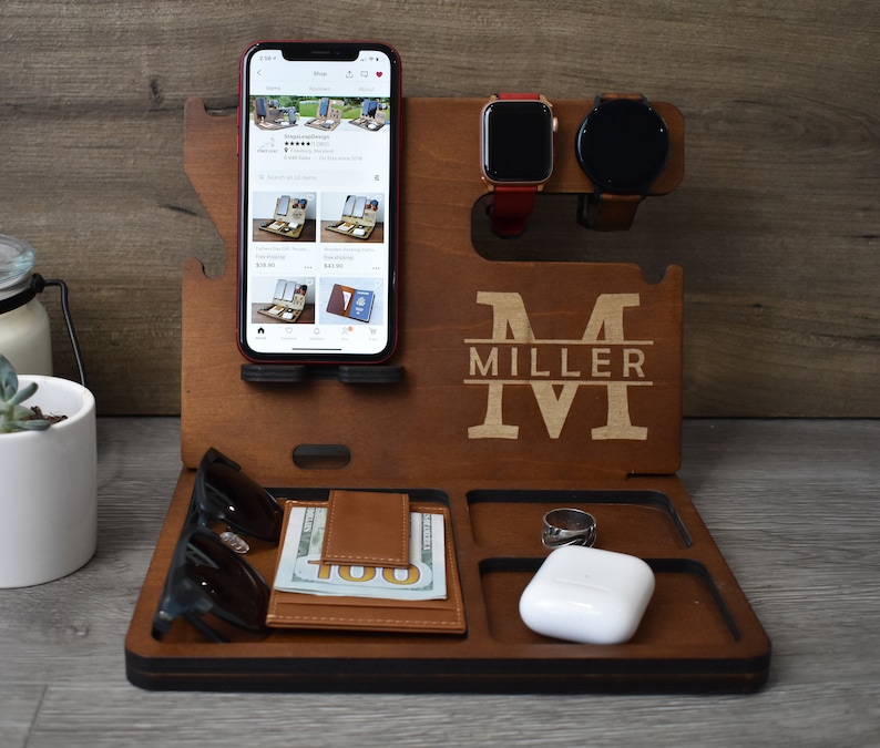 Wooden Docking Station, Nightstand Valet, Wooden Phone Stand, iPhone charging station, Mens Gift, Tech Gifts, Groomsman gift, Watch stand 