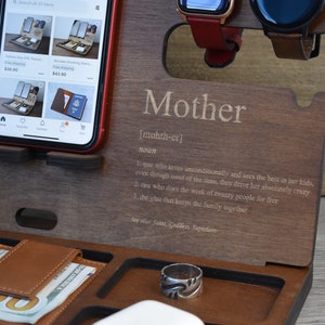 Mother&#39;s Day Gift, Personalized Docking Station, Nightstand Valet, Wooden Phone Stand, iPhone charging station, Gift for Her, Gift for Moms