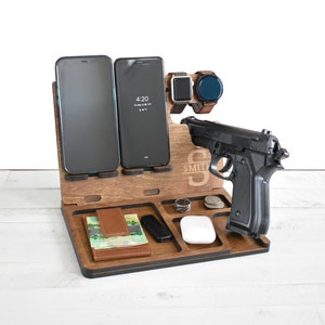 Wooden Docking Station for 2 Phones, Tech Gift, Pistol Dock, Police officer Docking Station, Nightstand Docking Station, Father's Day Gift