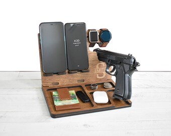 Wooden Docking Station for 2 Phones, Tech Gift, Pistol Dock, Police officer Docking Station, Nightstand Docking Station, Father's Day Gift