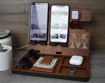 Wooden Docking Station for 2 Phones, Nightstand Docking Station, Police officer Docking Station, Law enforcement Gift, Christmas Gift