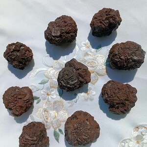 May include: A collection of eight dark brown, rough-textured mineral specimens. The minerals are clustered together, resembling small, irregular spheres. They are arranged on a white surface with floral embroidery.