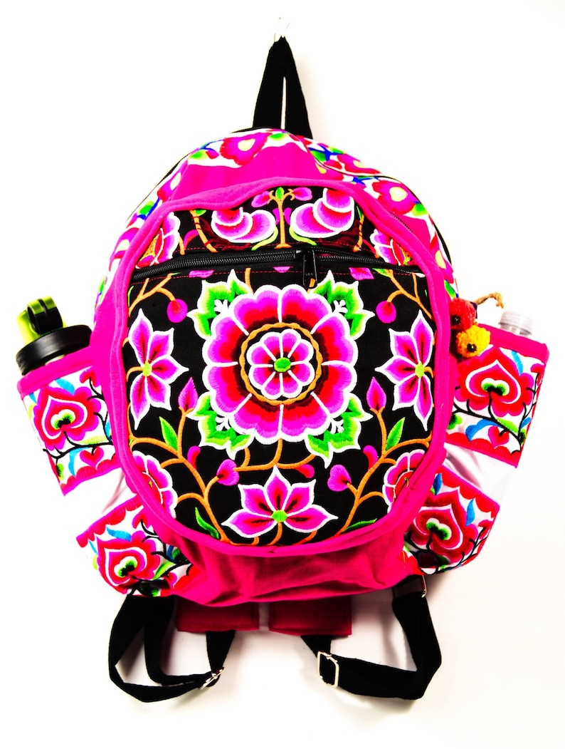 liner with cushion three layers with zipper Handmade Flower Design Backpacks with Embroidered Fabric ; 9 x 7 x 14 Sidedpockets
