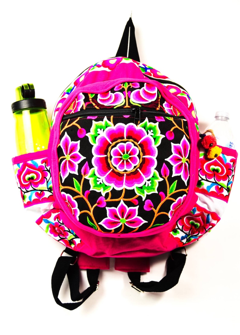 liner with cushion three layers with zipper Handmade Flower Design Backpacks with Embroidered Fabric ; 9 x 7 x 14 Sidedpockets