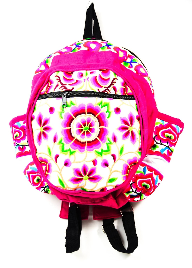 liner with cushion three layers with zipper Handmade Flower Design Backpacks with Embroidered Fabric ; 9 x 7 x 14 Sidedpockets