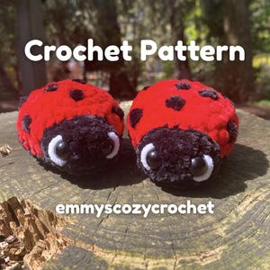 May include: Two plush, crocheted ladybugs with red bodies, black spots, and black heads with white-rimmed eyes. The text "Crochet Pattern" is above the ladybugs, and "emmyscozycrochet" is below. The ladybugs are on a wooden surface.